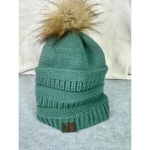 beautifully warm green pom pom beanie winter knit hat satin lined cap